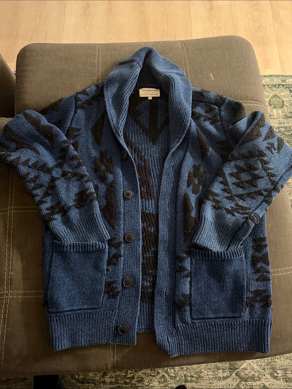 Lucky Brand Blue Shawl Collar Cardigan with Black Aztec Pattern